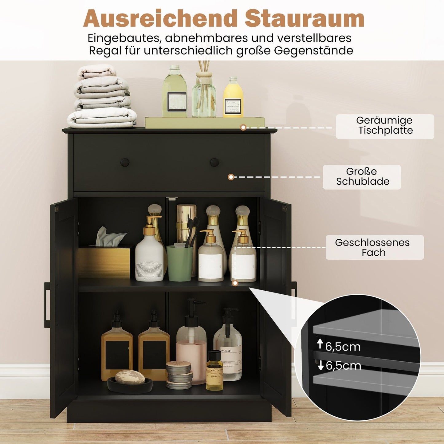Bathroom Cabinet with Drawer, Adjustable Shelf, 56x30x80cm, Black