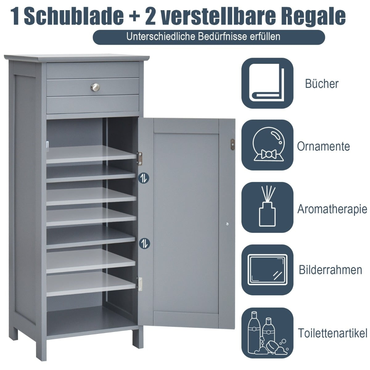 Bathroom Cabinet with Drawer & Adjustable Shelves, Grey