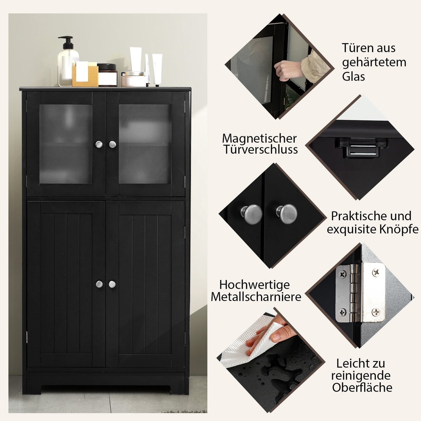 Bathroom Cabinet with Glass Doors, Adjustable Shelf, Black