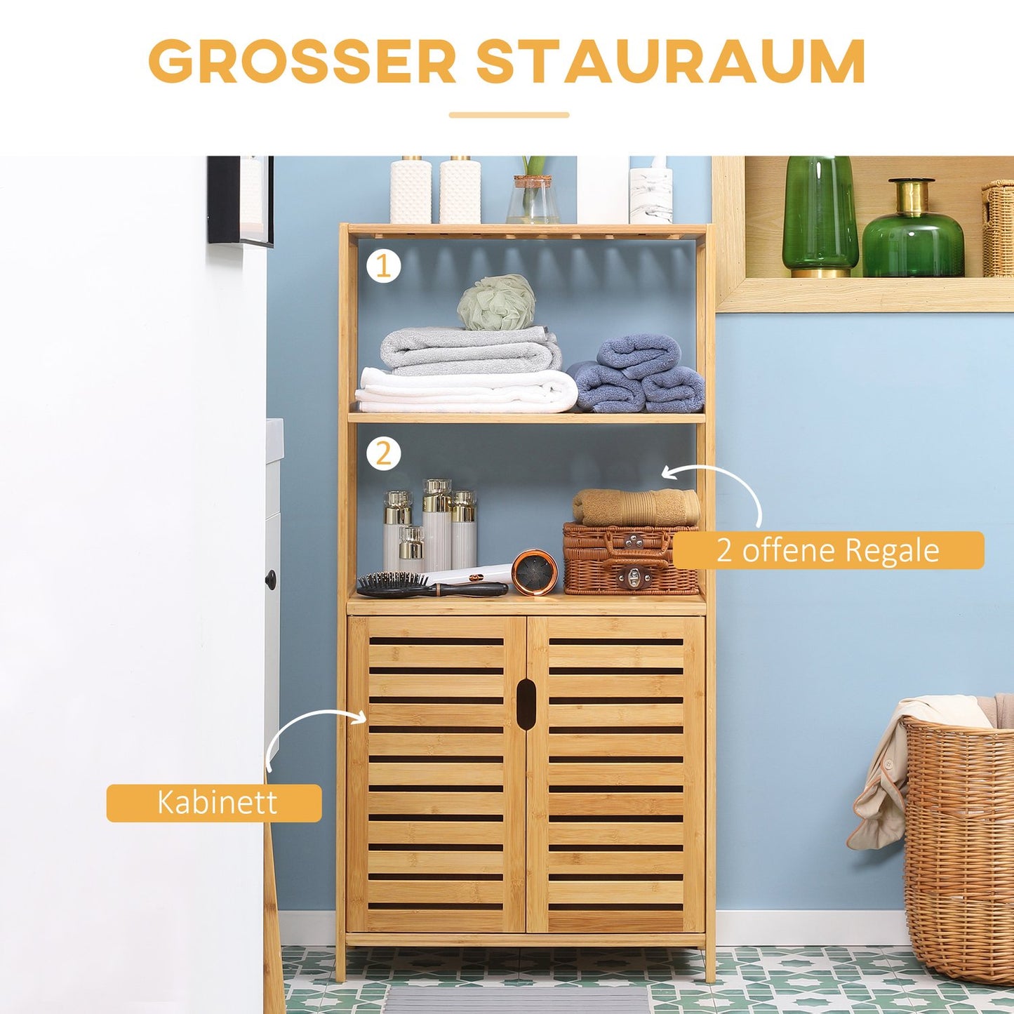 Bathroom Cabinet with Louvered Doors, Bamboo Wood, Natural