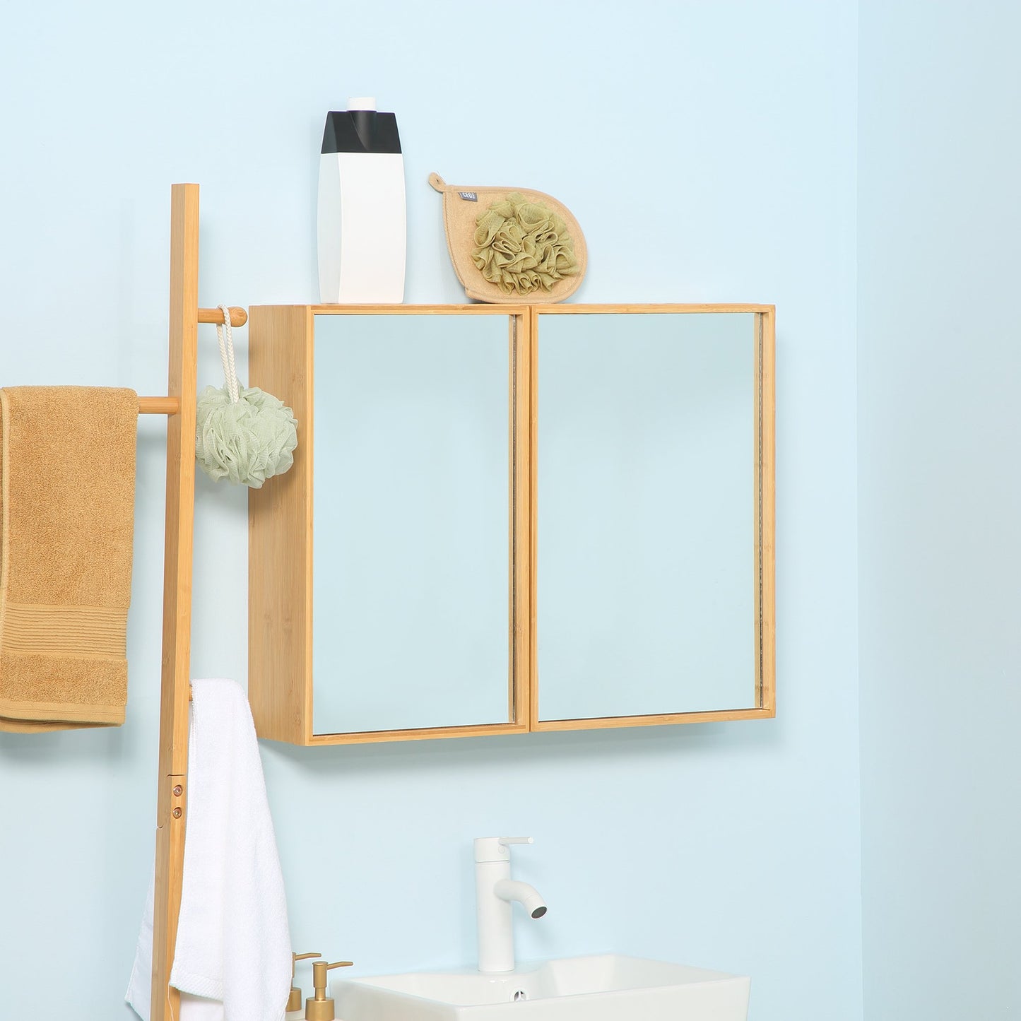 Bathroom Cabinet with Mirror Doors, Bamboo, Multiple Shelves, 65.2 x 14 x 50 cm