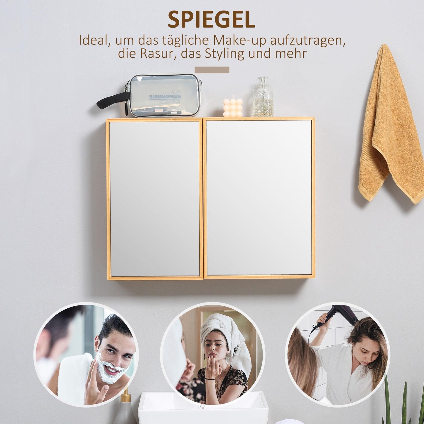 Bathroom Cabinet with Mirror Doors, Bamboo, Multiple Shelves, 65.2 x 14 x 50 cm