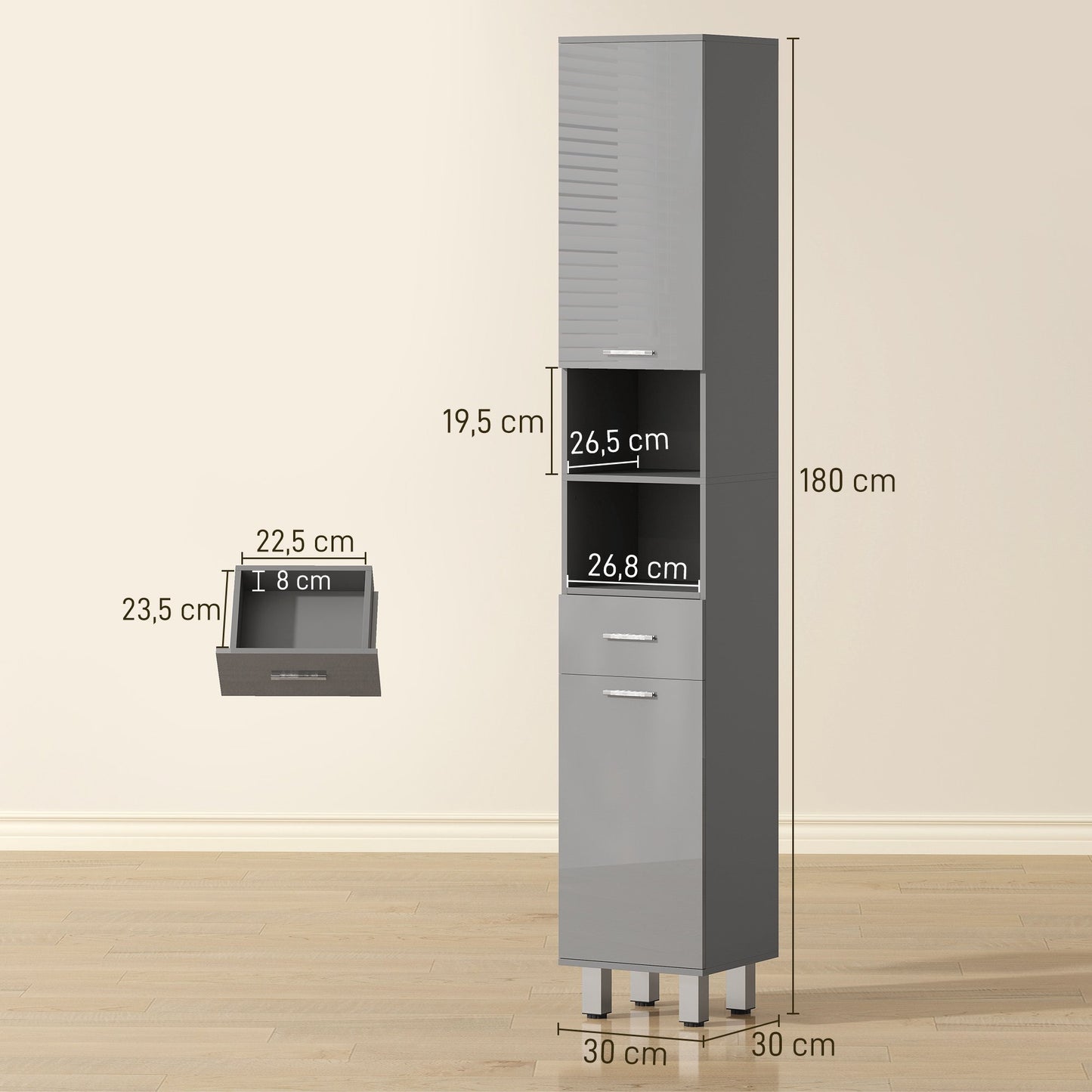 Bathroom Cabinet with Shelves and Drawer, Adjustable, Gray