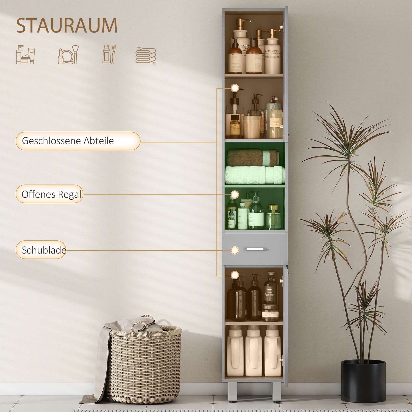 Bathroom Cabinet with Shelves and Drawer, Adjustable, Gray