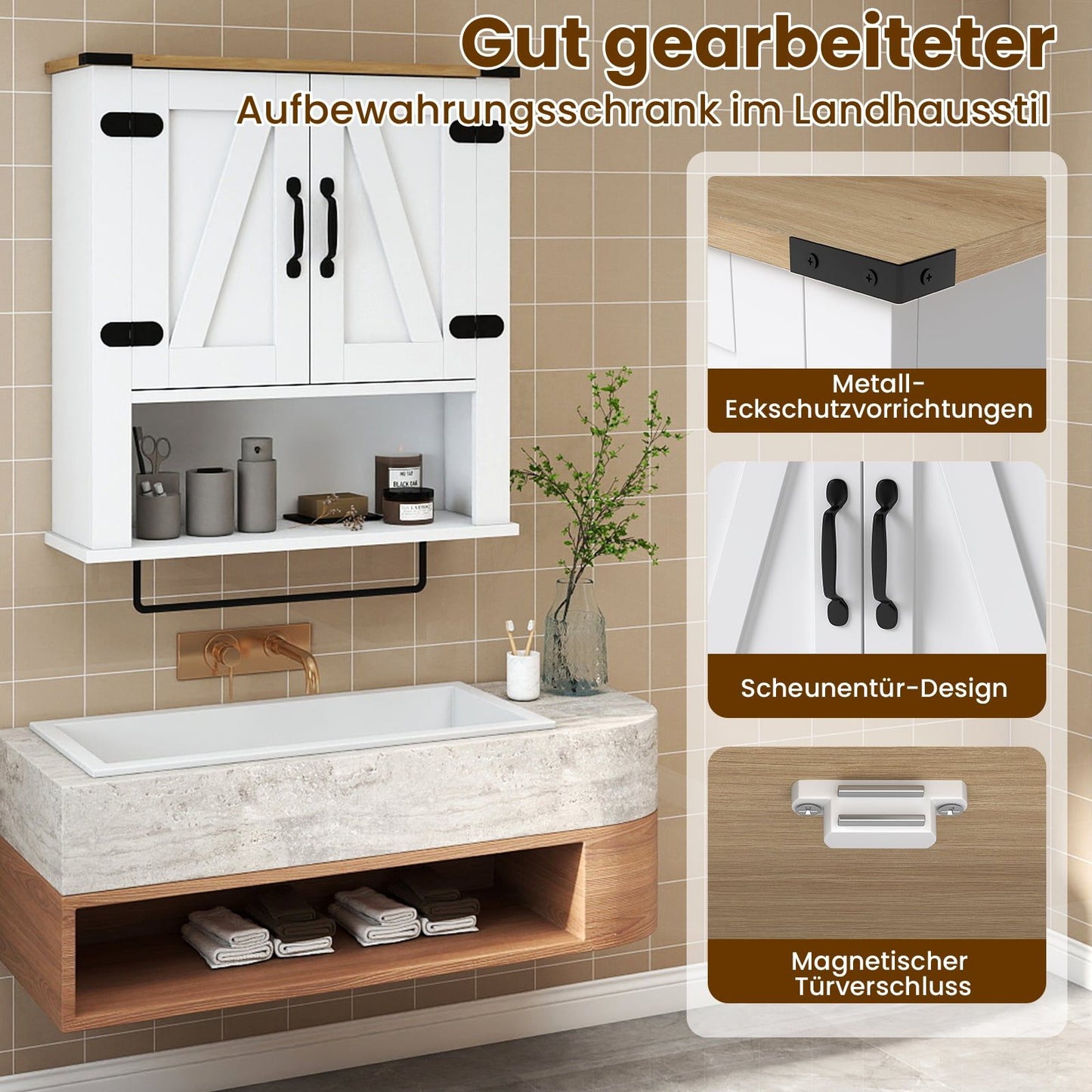 Bathroom Cabinet with Towel Holder, Barn Door, Adjustable Shelf