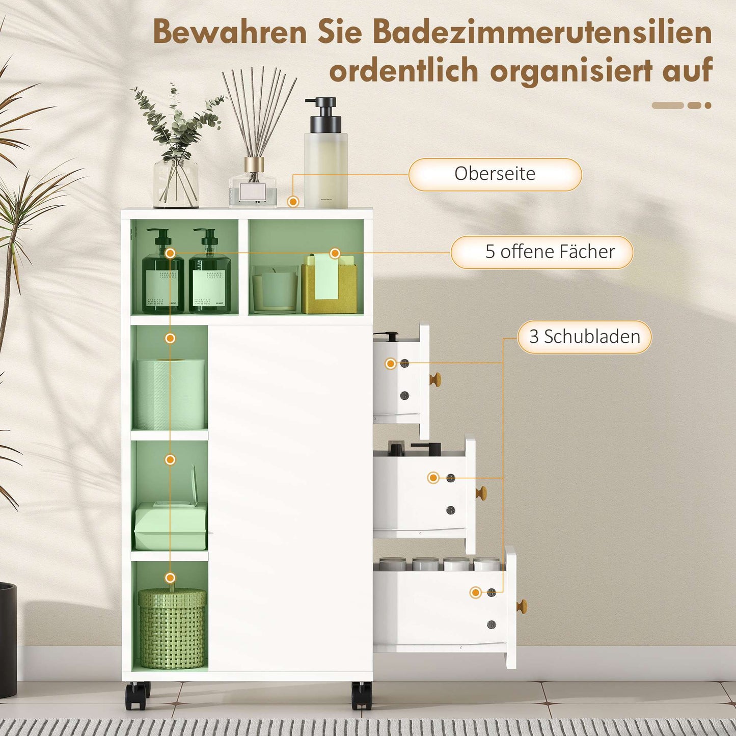 Bathroom Cabinet with Wheels, 3 Drawers, 5 Shelves, White