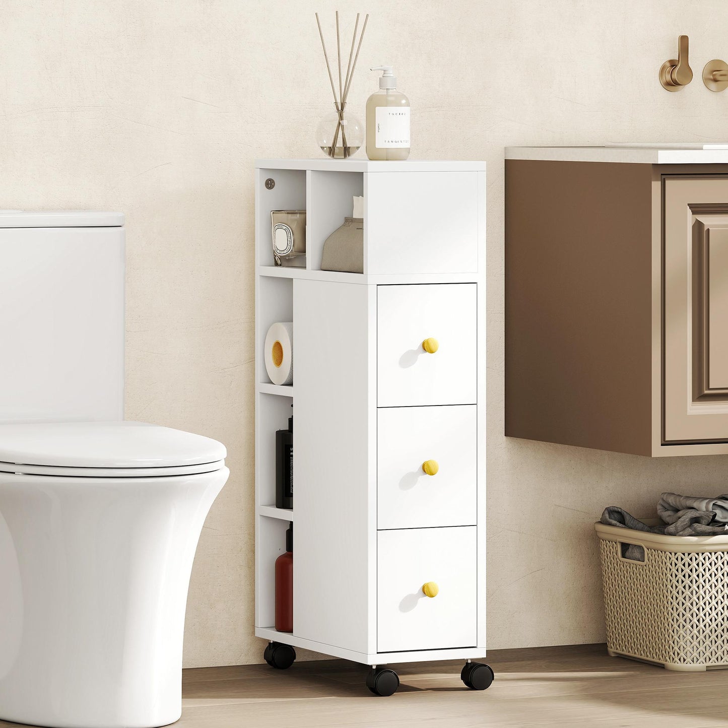 Bathroom Cabinet with Wheels, 3 Drawers, 5 Shelves, White