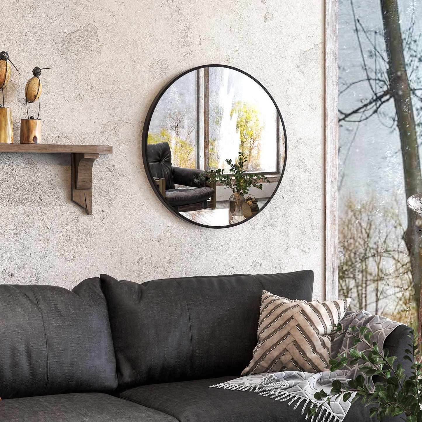 Round black bathroom mirror, aluminum frame, Ø60 cm