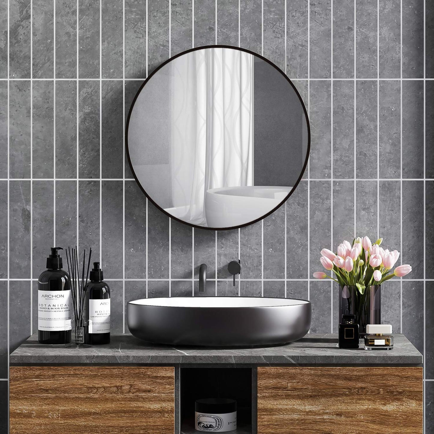 Round black bathroom mirror, aluminum frame, Ø60 cm