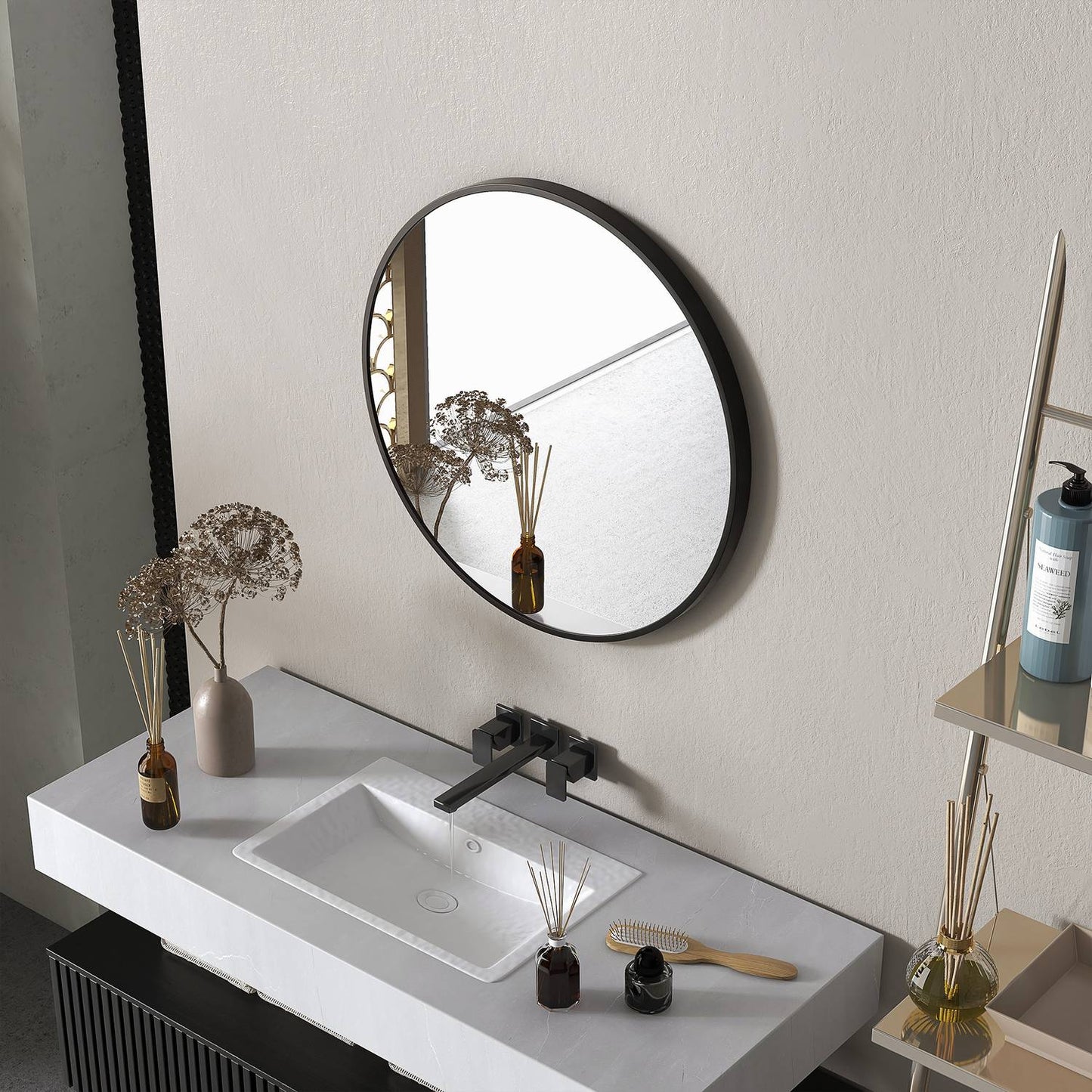 Round black bathroom mirror, aluminum frame, Ø60 cm