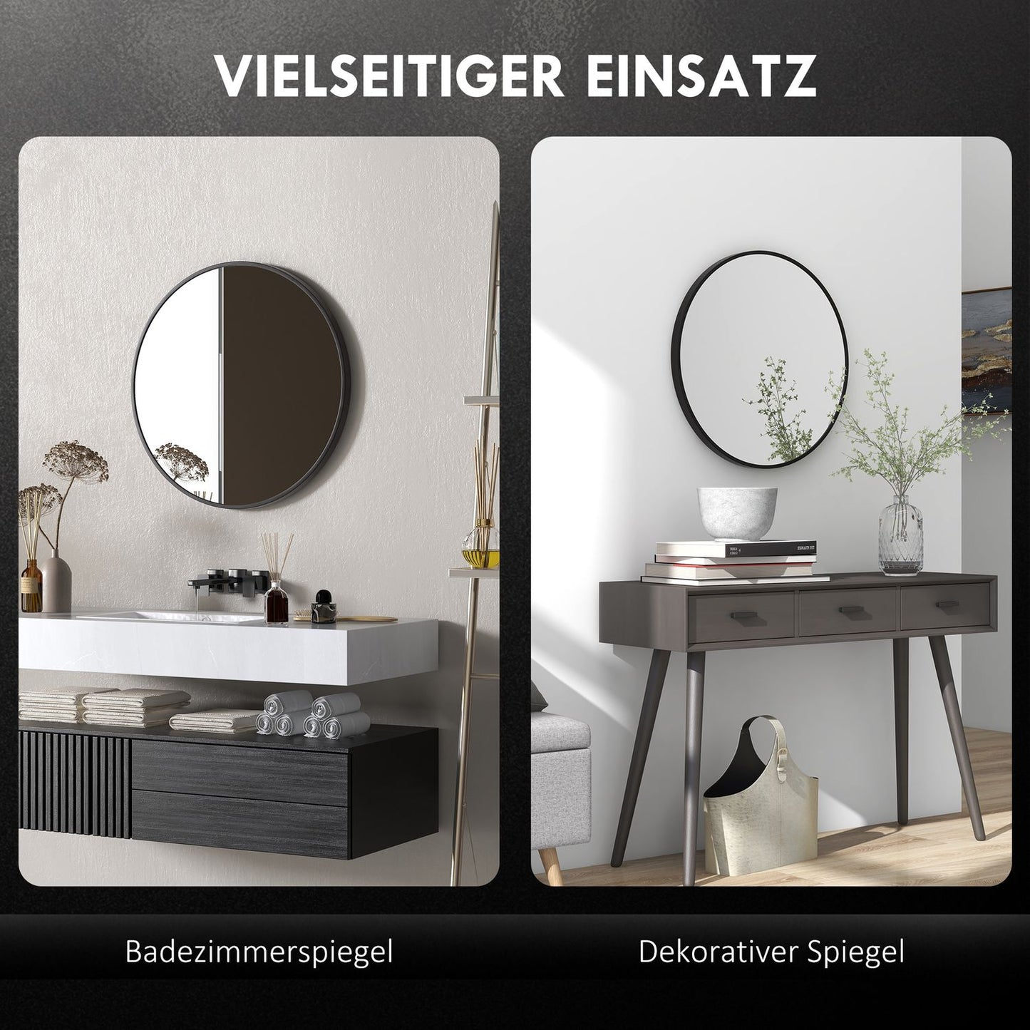 Round black bathroom mirror, aluminum frame, Ø60 cm