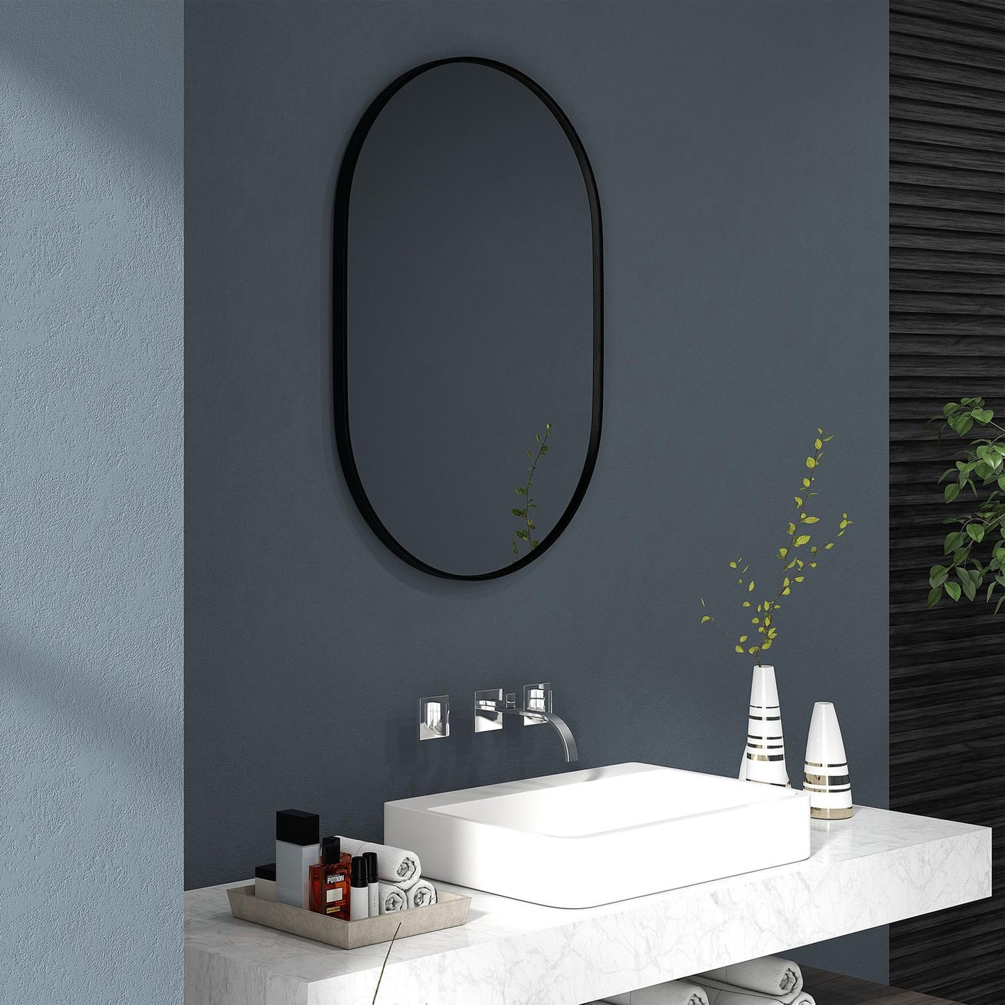 Oval bathroom mirror, 60x90 cm, black aluminum frame