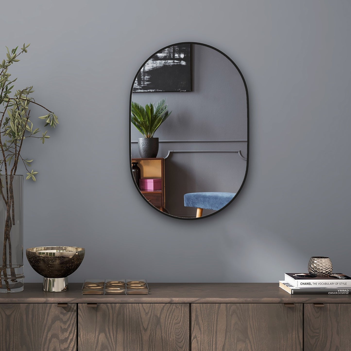 Oval bathroom mirror, 60x90 cm, black aluminum frame