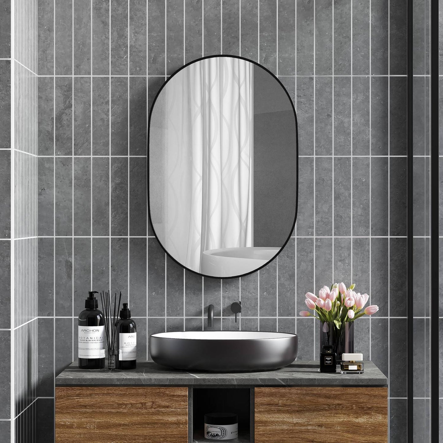 Oval bathroom mirror, 60x90 cm, black aluminum frame