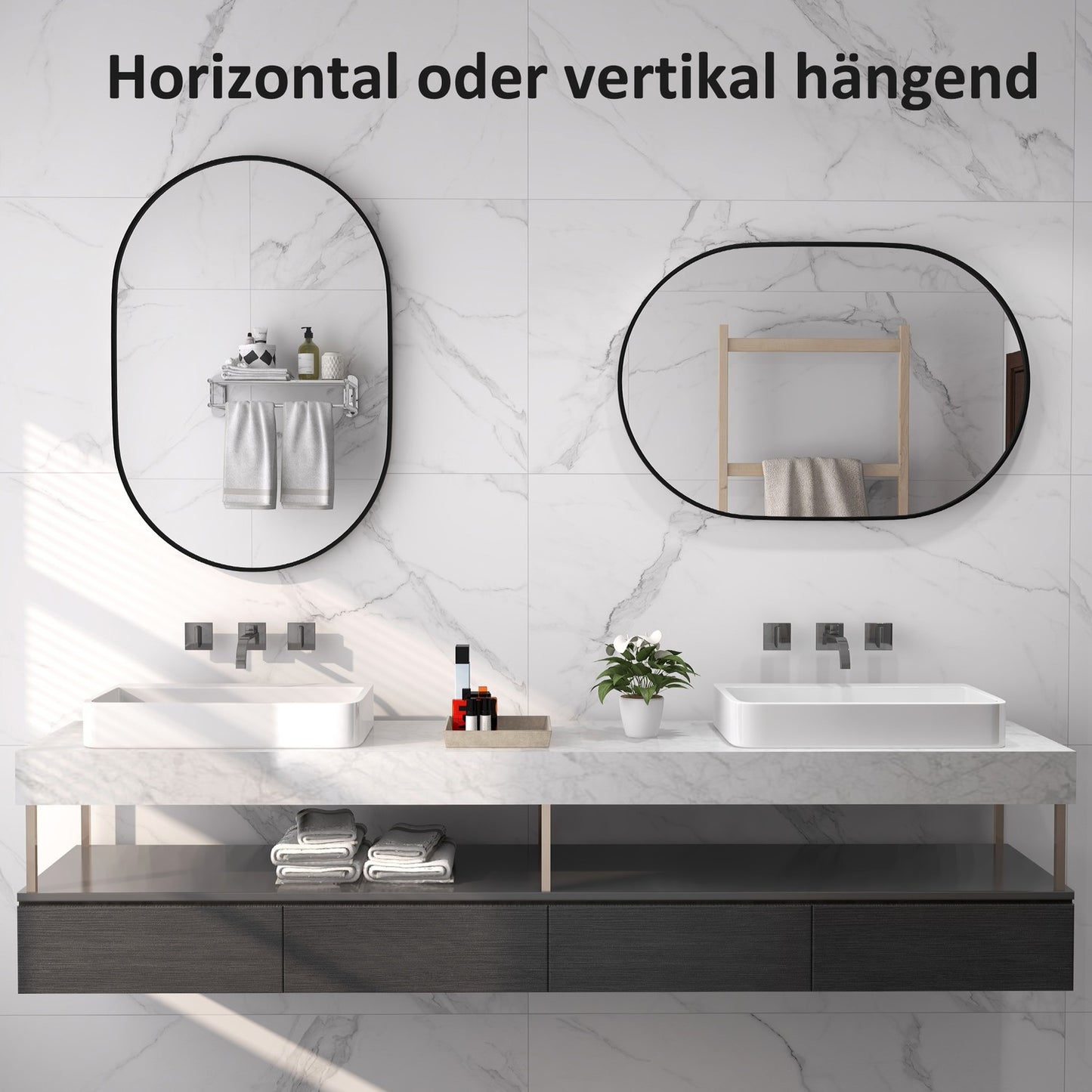 Oval bathroom mirror, 60x90 cm, black aluminum frame