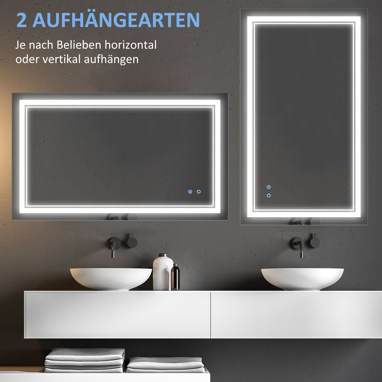 LED Bathroom Mirror, Touch Switch, 3 light colors, Waterproof
