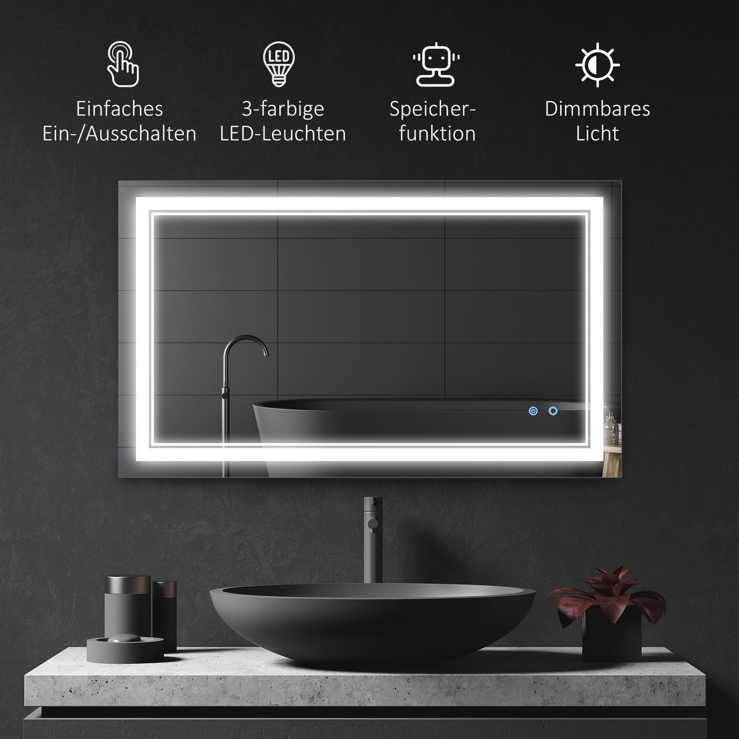 LED Bathroom Mirror, Touch Switch, 3 light colors, Waterproof