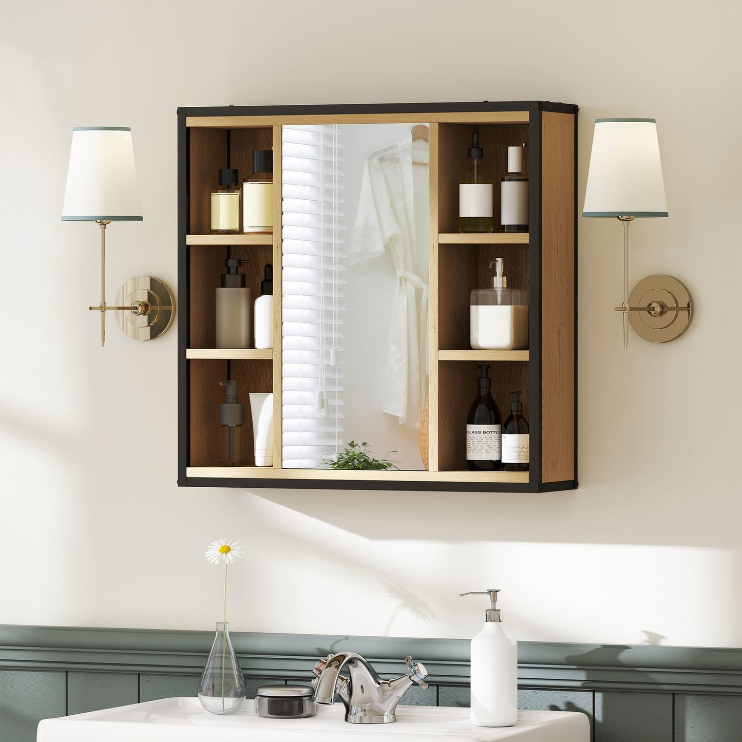 Bathroom Mirror Cabinet, Oak Finish, Wall-Mounted, Adjustable Shelves