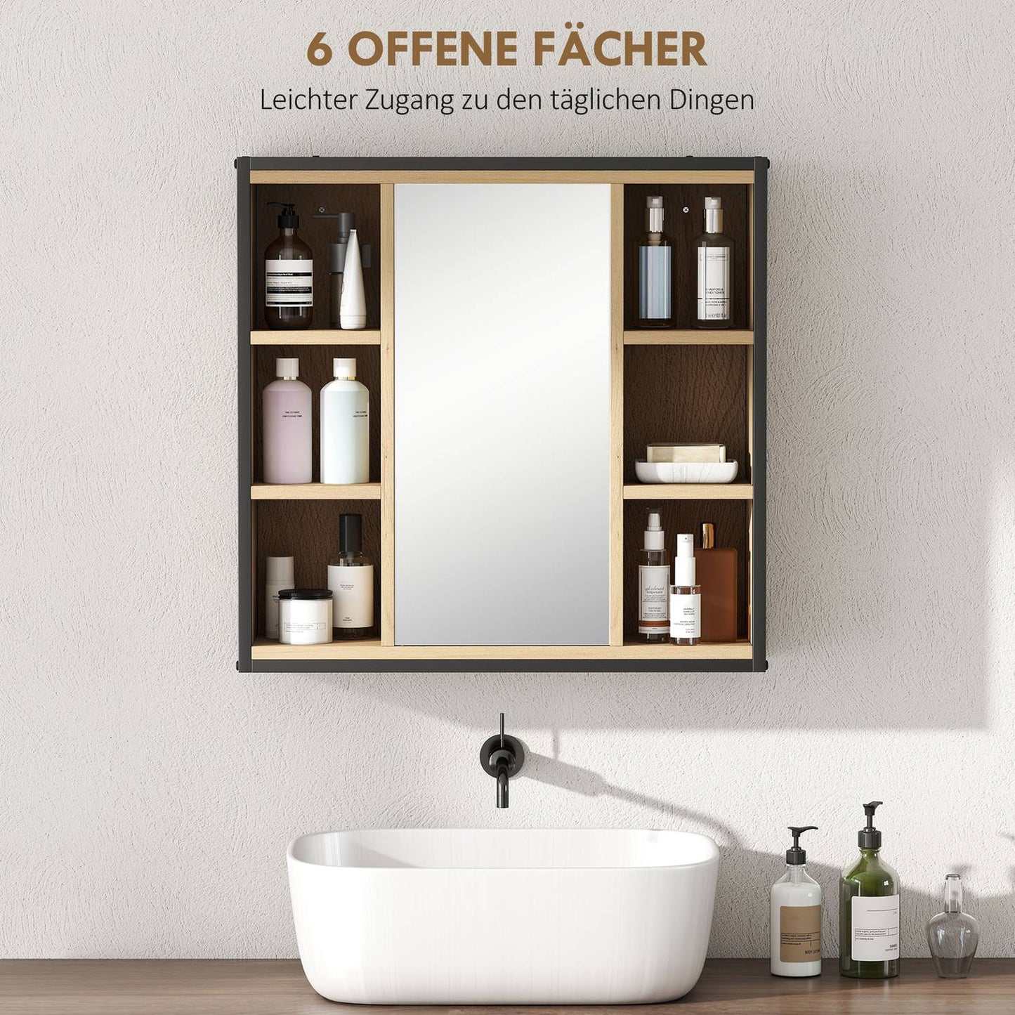 Bathroom Mirror Cabinet, Oak Finish, Wall-Mounted, Adjustable Shelves