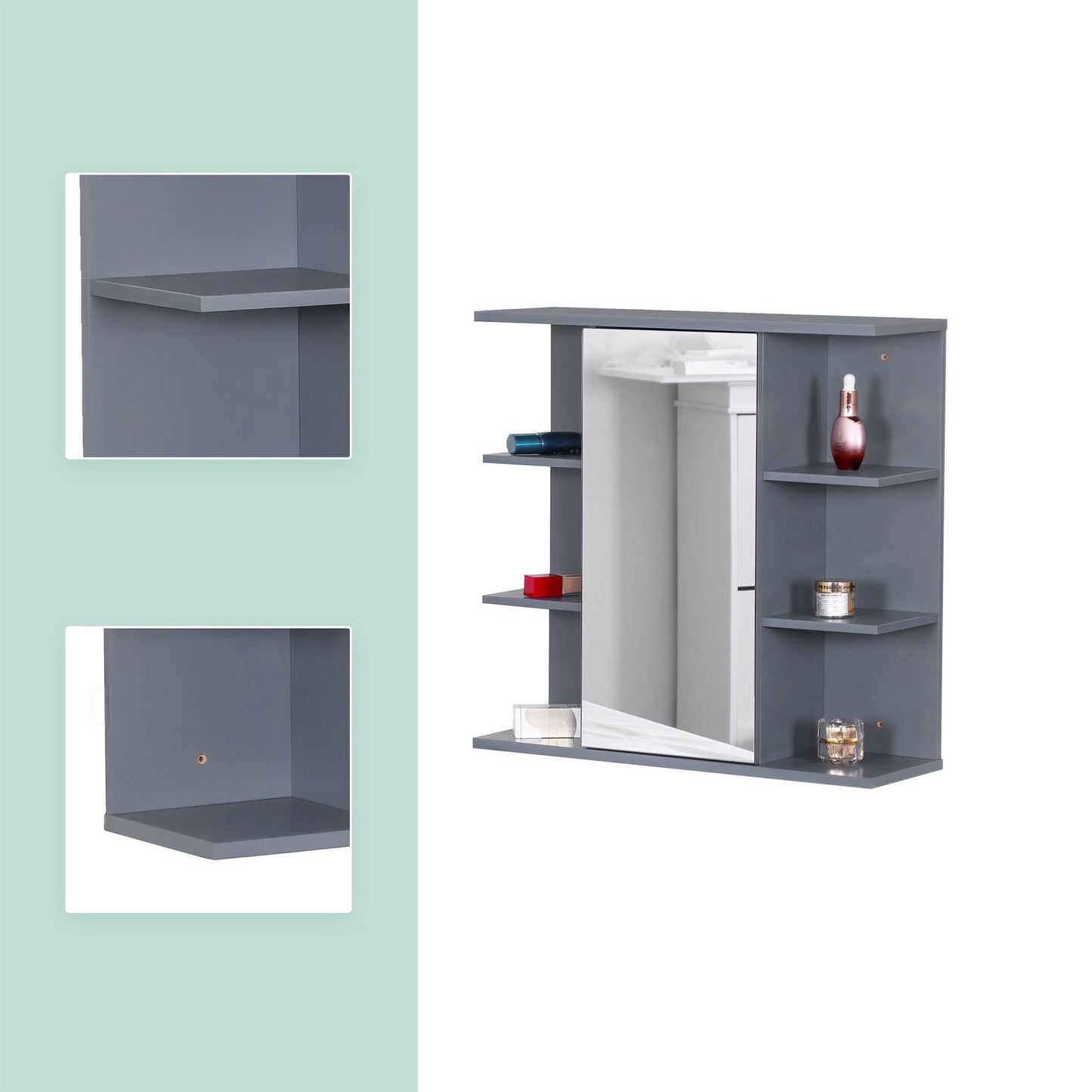 Bathroom Mirror Cabinet, Wall-Mounted, 8 Shelves