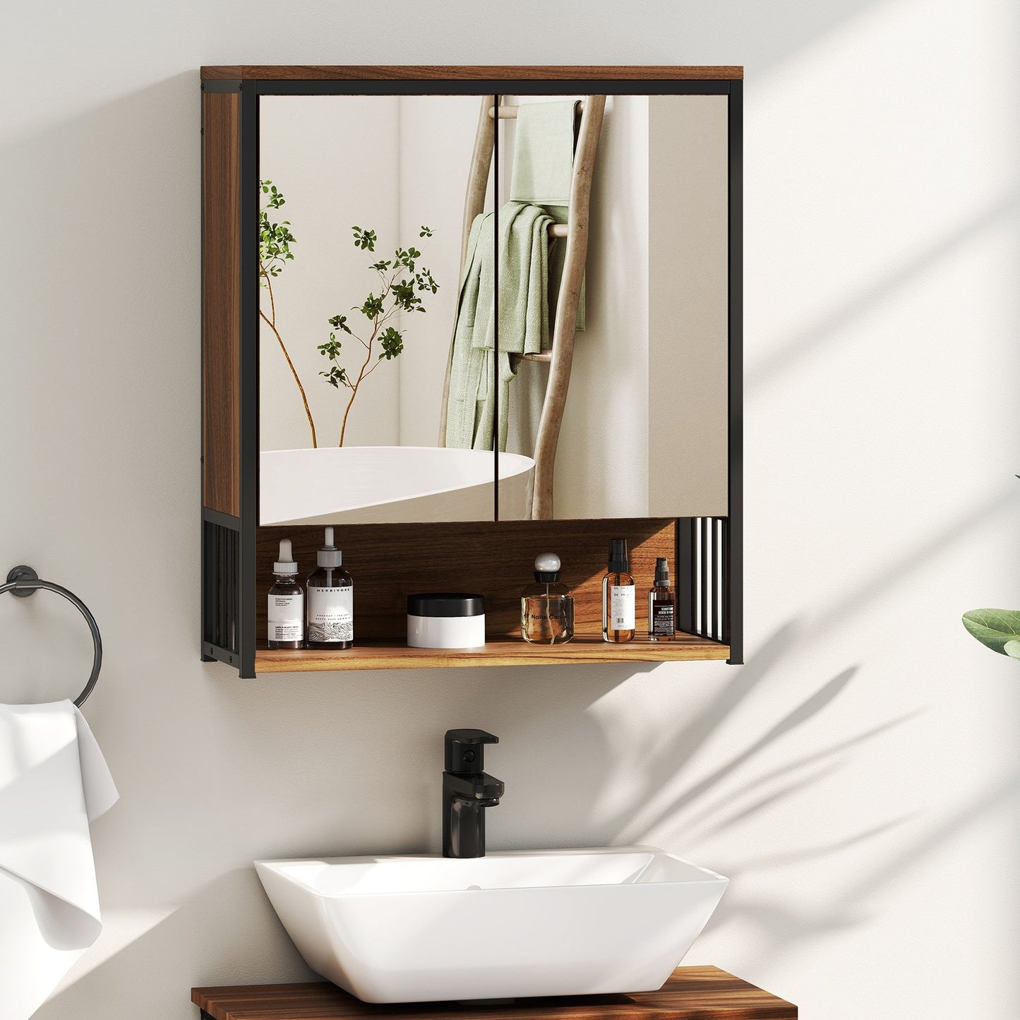 Bathroom Mirror Cabinet, Wall-Mounted, Soft-Close, Brown, MDF