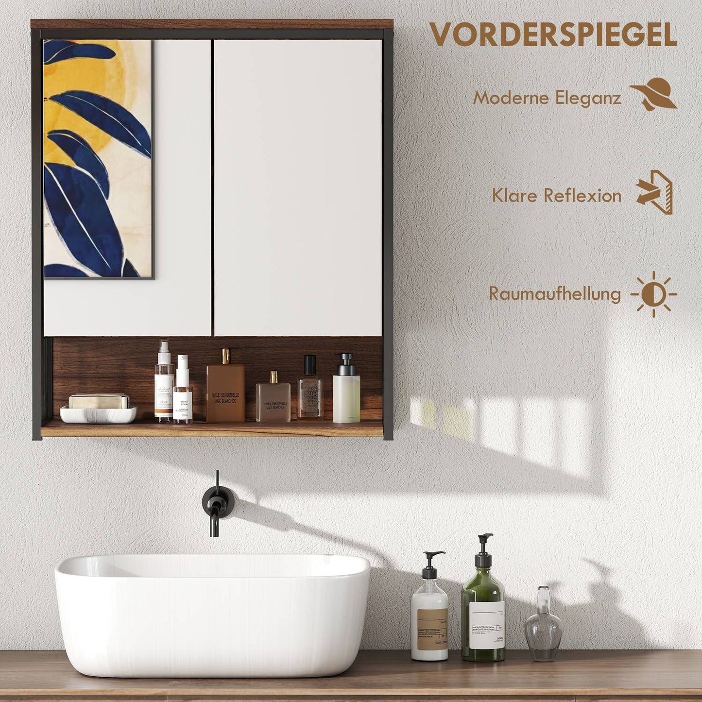 Bathroom Mirror Cabinet, Wall-Mounted, Soft-Close, Brown, MDF