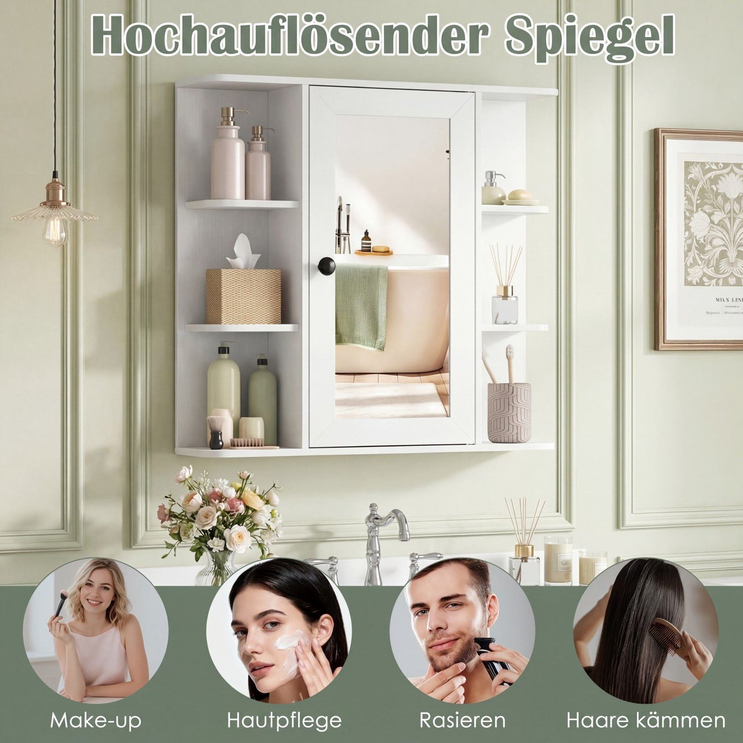 Bathroom Mirror Cabinet with 3 Shelves & 6 Open Compartments