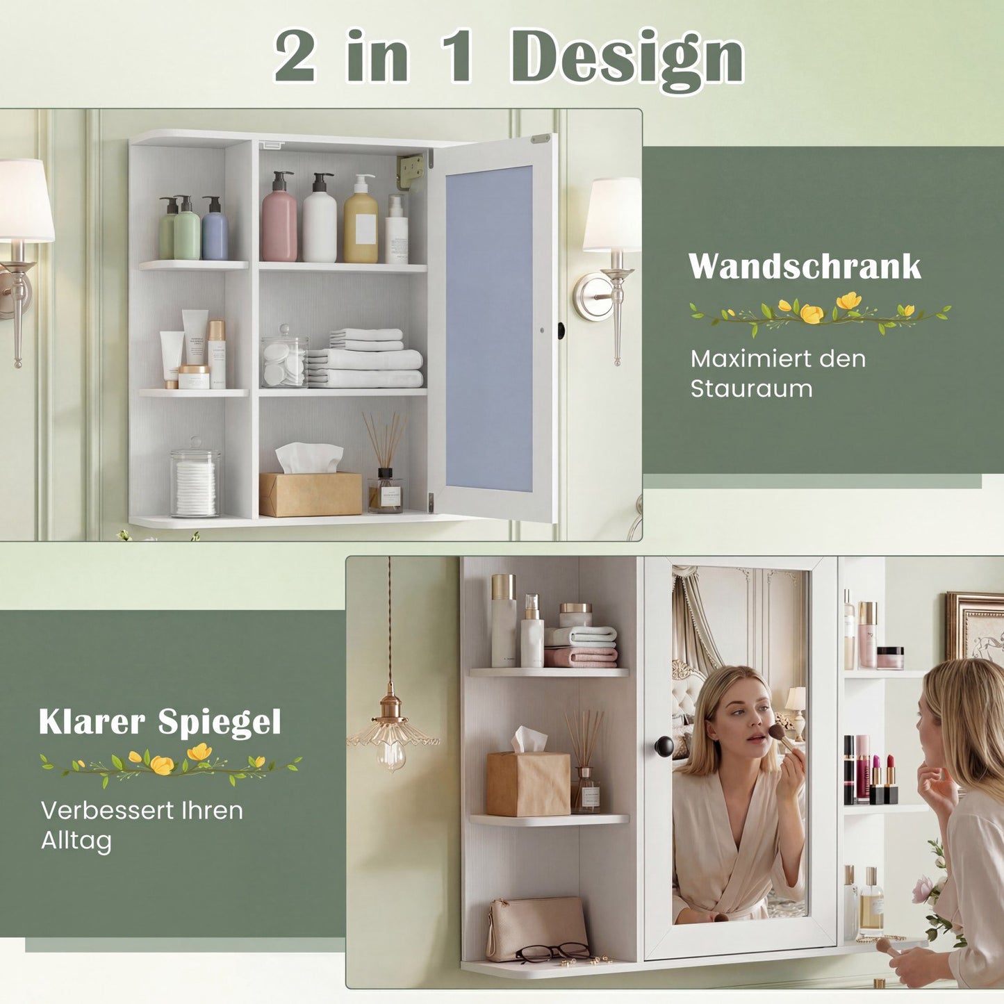 Bathroom Mirror Cabinet with 3 Shelves & 6 Open Compartments