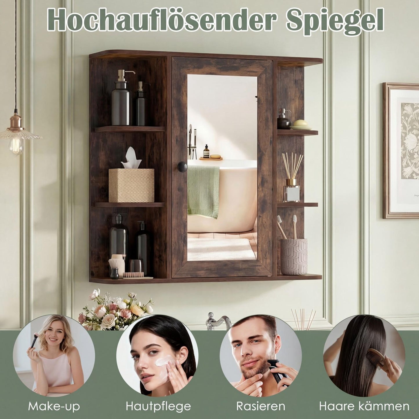 Bathroom Mirror Cabinet with 3 Shelves & 6 Open Compartments