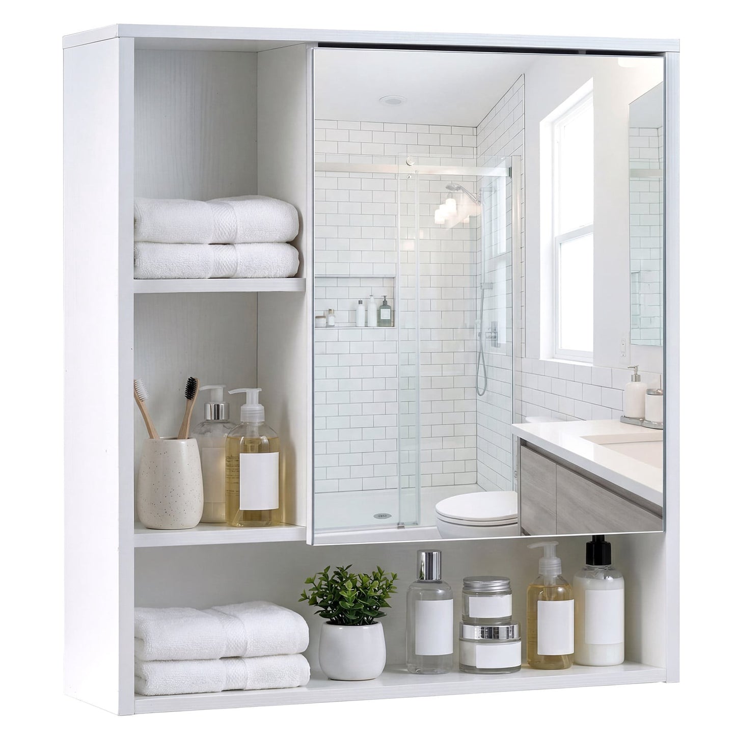 Bathroom Mirror Cabinet with Door & 3 Open Shelves, White