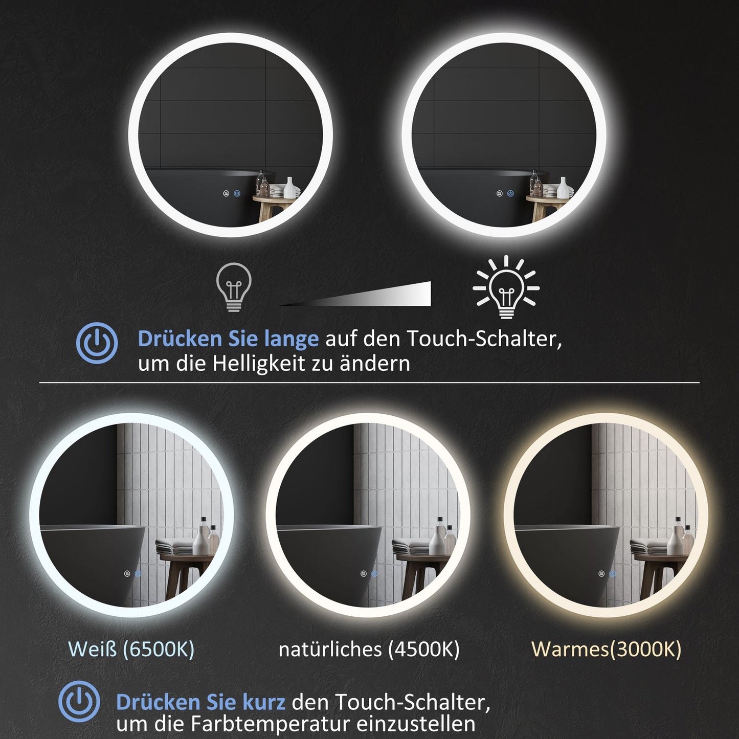 Illuminated bathroom mirror, 3 light colors, anti-fog, Ø70 Cm