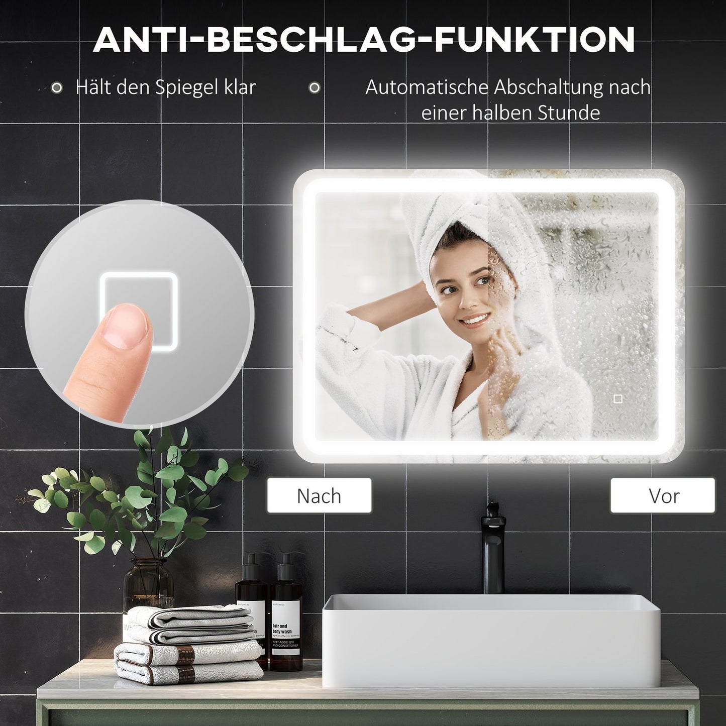 Bathroom Mirror, LED, Anti-Fog, Touch Control, 60x80 cm