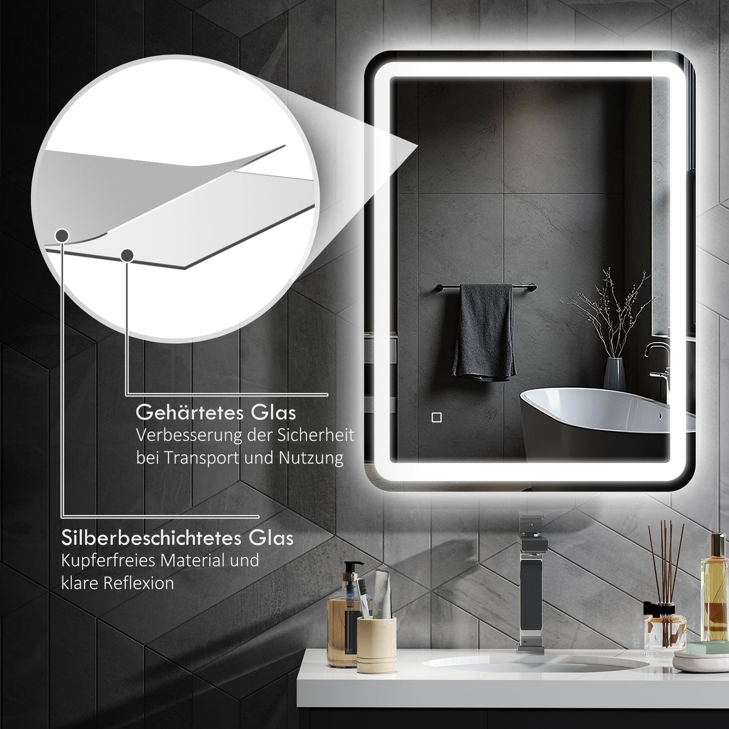 Bathroom Mirror, LED, Anti-Fog, Touch Control, 60x80 cm