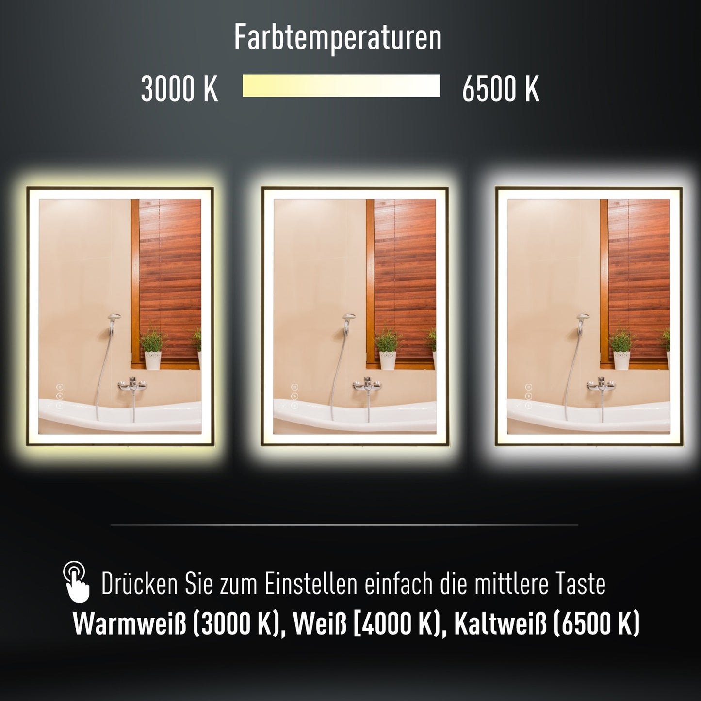 LED bathroom mirror - anti-fog, touch switch, 3 colors