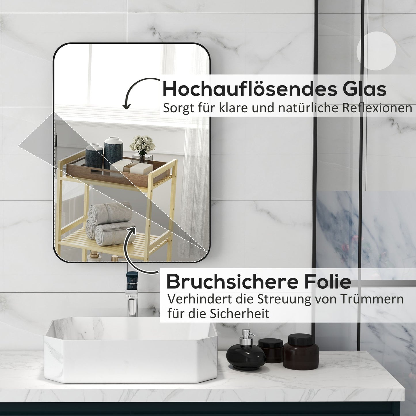 Bathroom Mirror, Safety Film, Metal Frame, 50x70 cm, Black