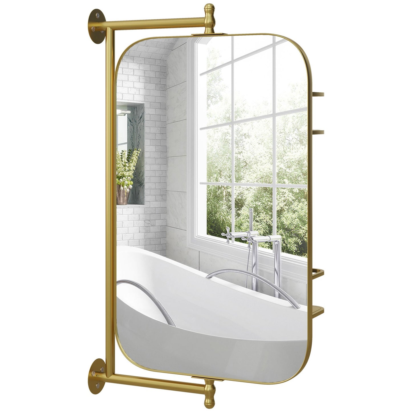 Swivel bathroom mirror with shelf, 40x66cm, Gold frame