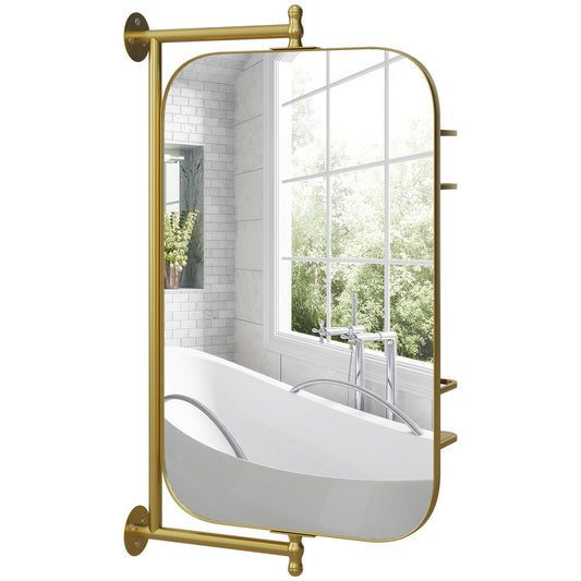 Swivel bathroom mirror with shelf, 40x66cm, Gold frame