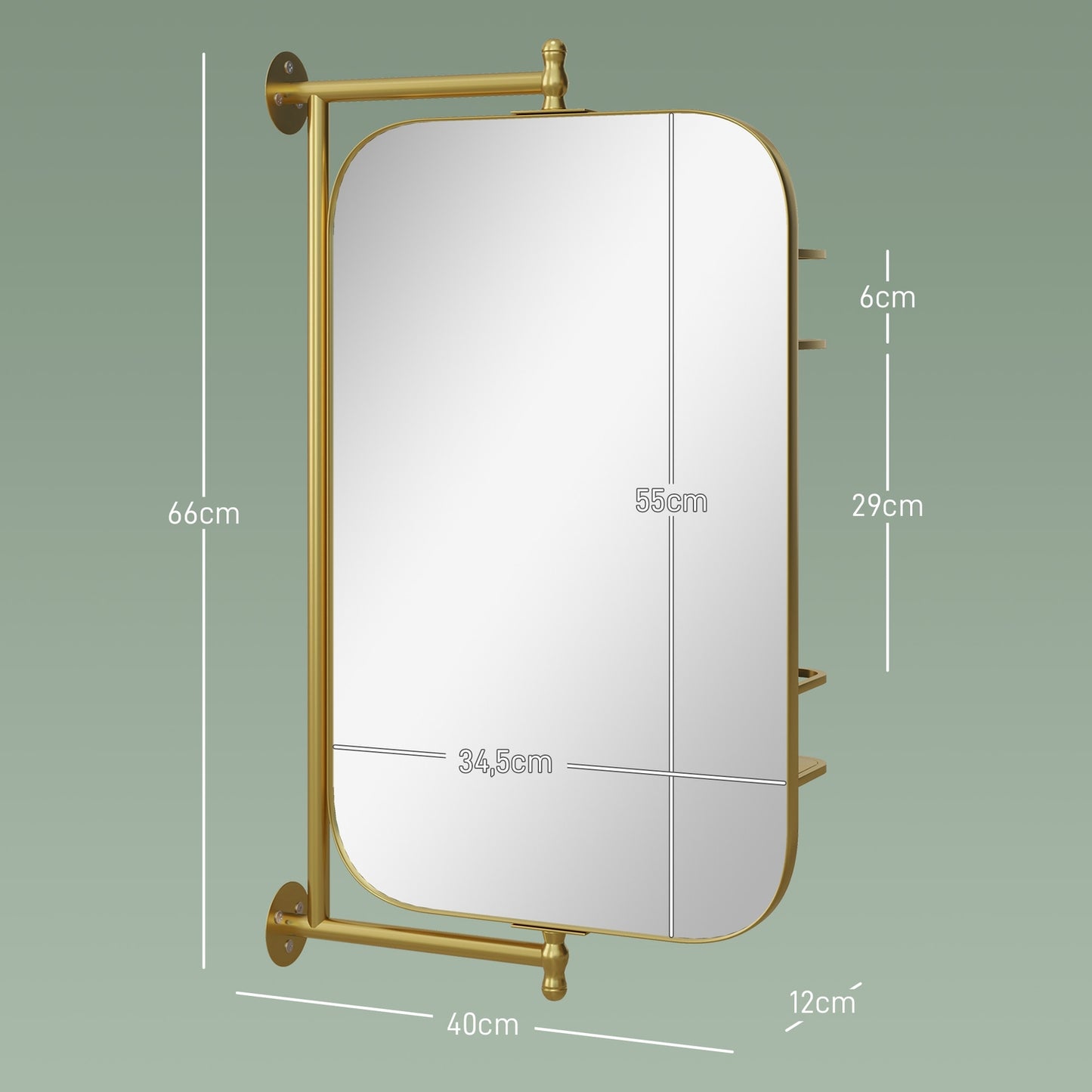Swivel bathroom mirror with shelf, 40x66cm, Gold frame