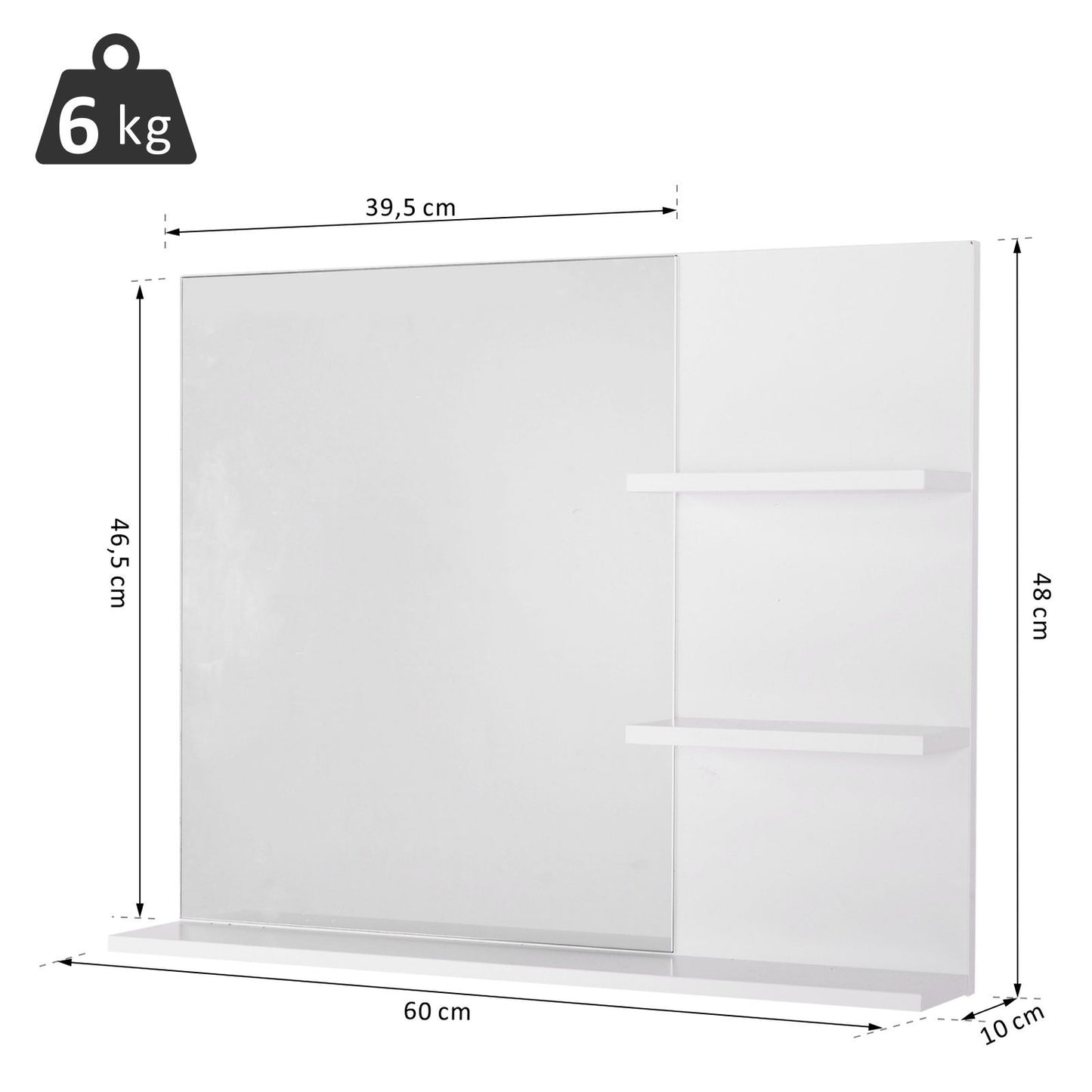Bathroom wall mirror with 3 shelves, White MDF 60x10x48cm