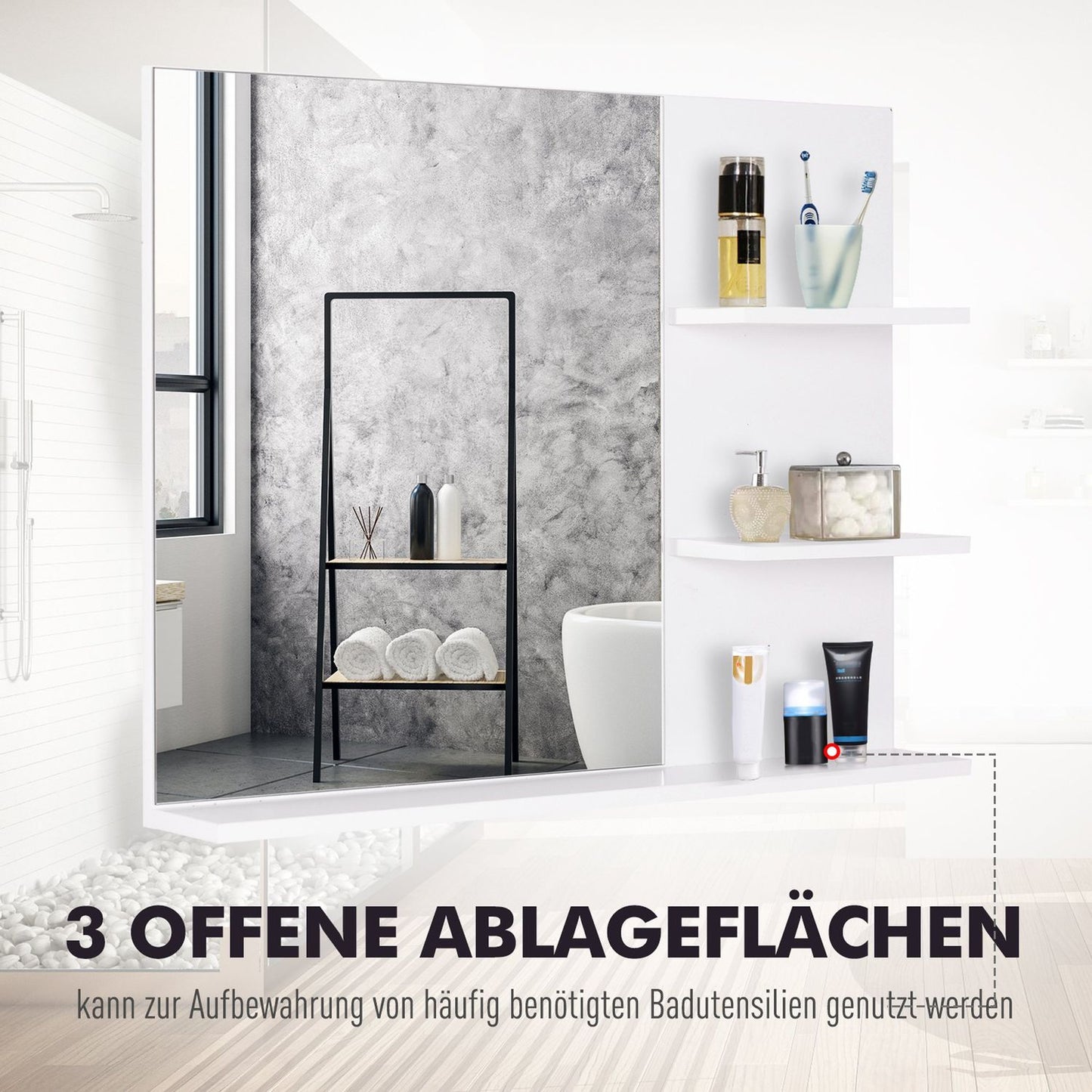 Bathroom wall mirror with 3 shelves, White MDF 60x10x48cm