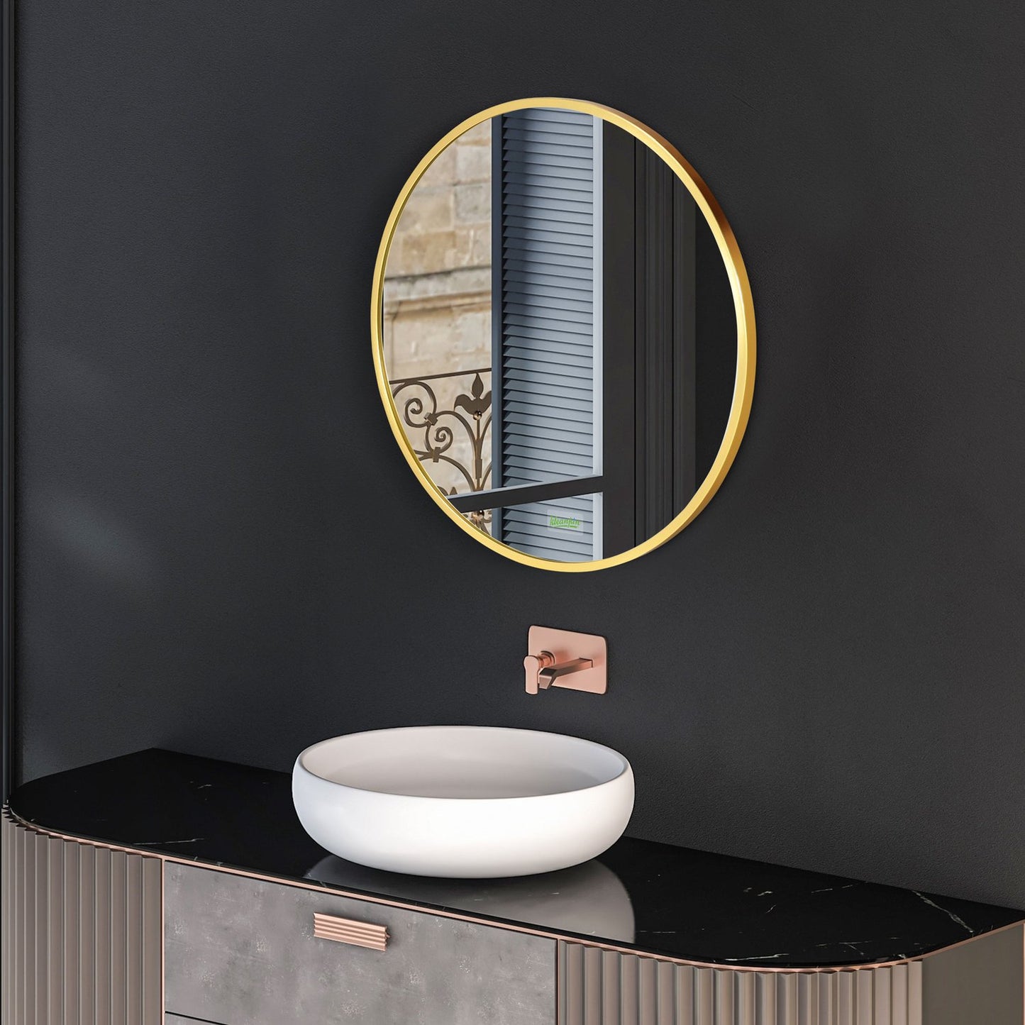 Round bathroom LED mirror, Ø50cm, Gold, IP44, Memory function