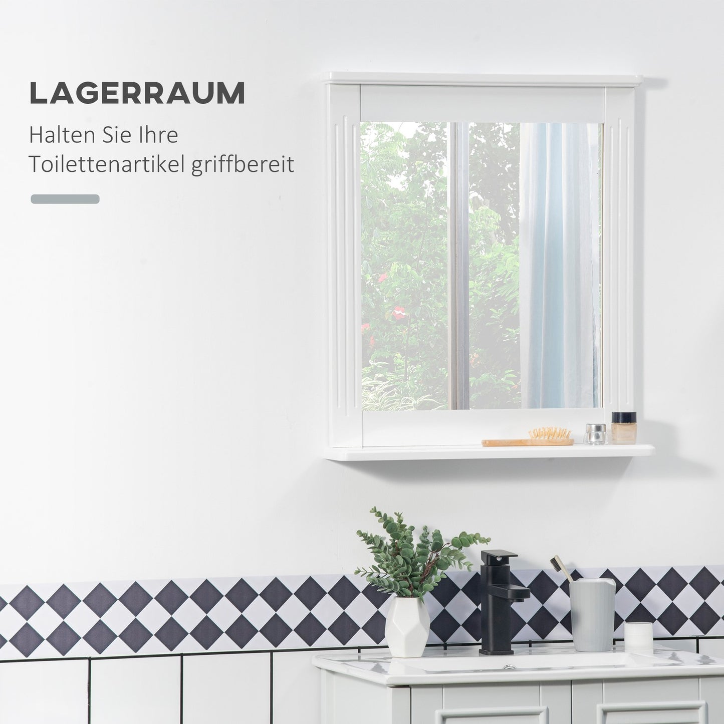 Bathroom wall mirror with shelf, Modern White 55x12x64cm