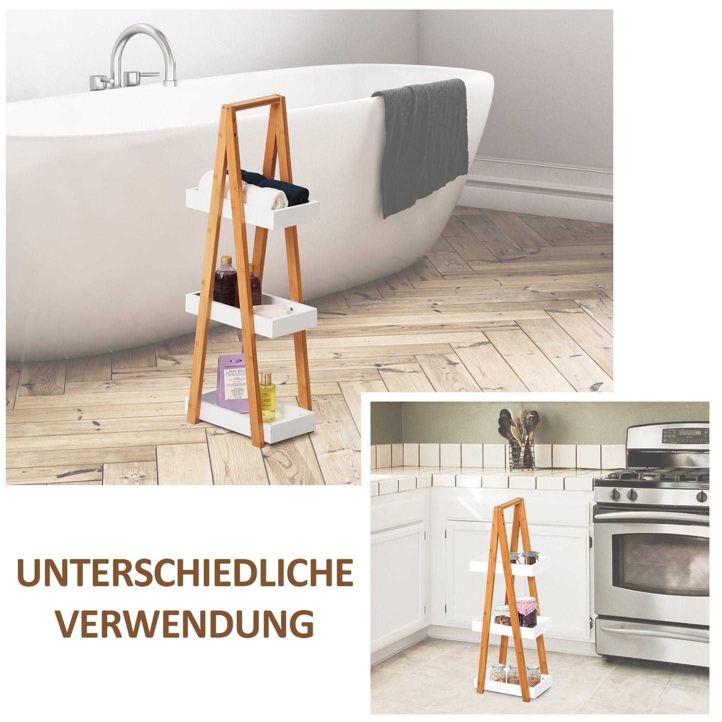 Bamboo 3-tier ladder shelf for bathroom, grey, 30x18x81cm