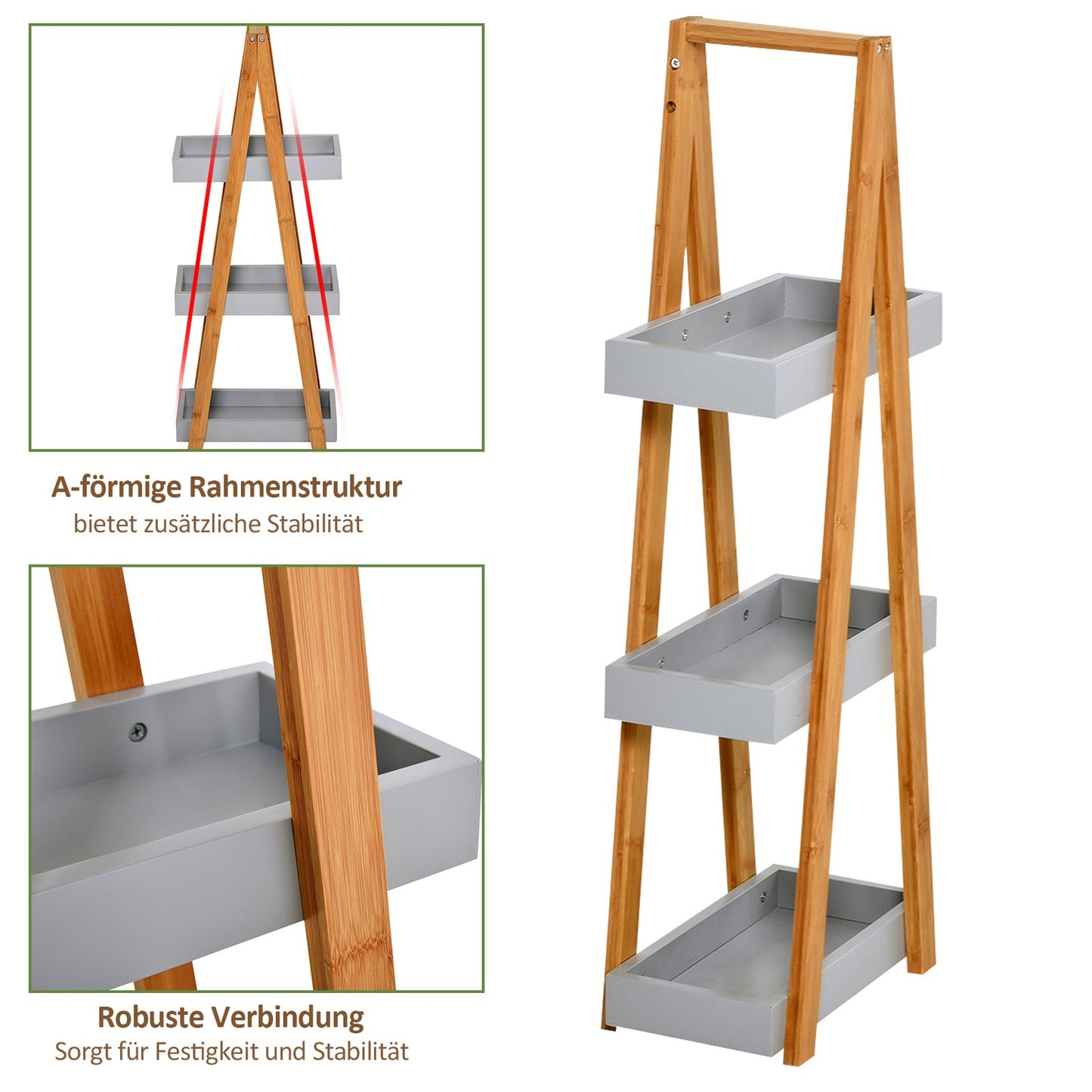 Bamboo 3-tier ladder shelf for bathroom, grey, 30x18x81cm