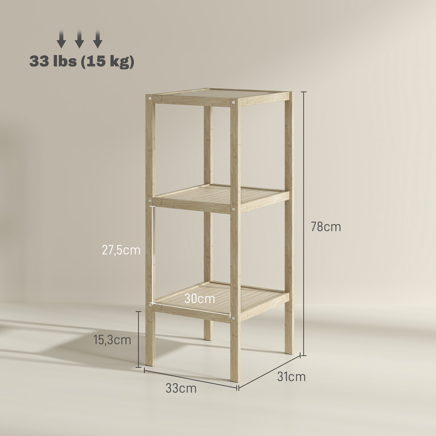 Bamboo 3-tier bathroom shelf - natural wood, 33x31x78 cm