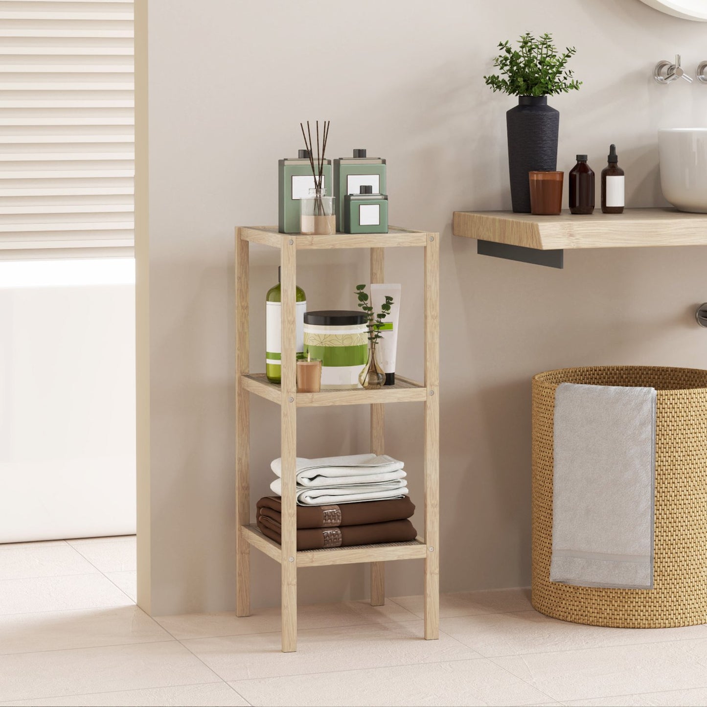 Bamboo 3-tier bathroom shelf - natural wood, 33x31x78 cm