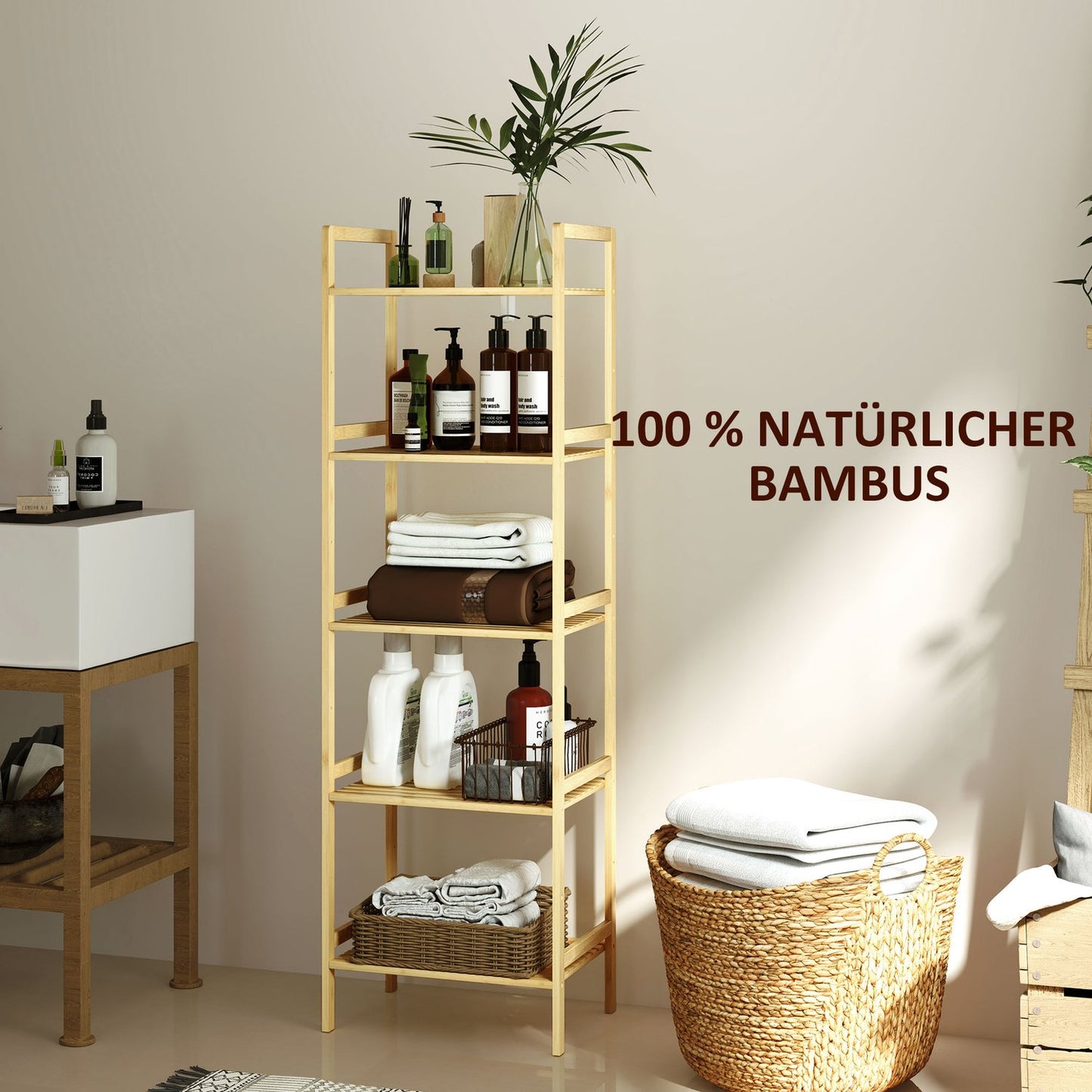 Bamboo 5-tier adjustable shelf, 43.5x31.5x142 cm - natural wood