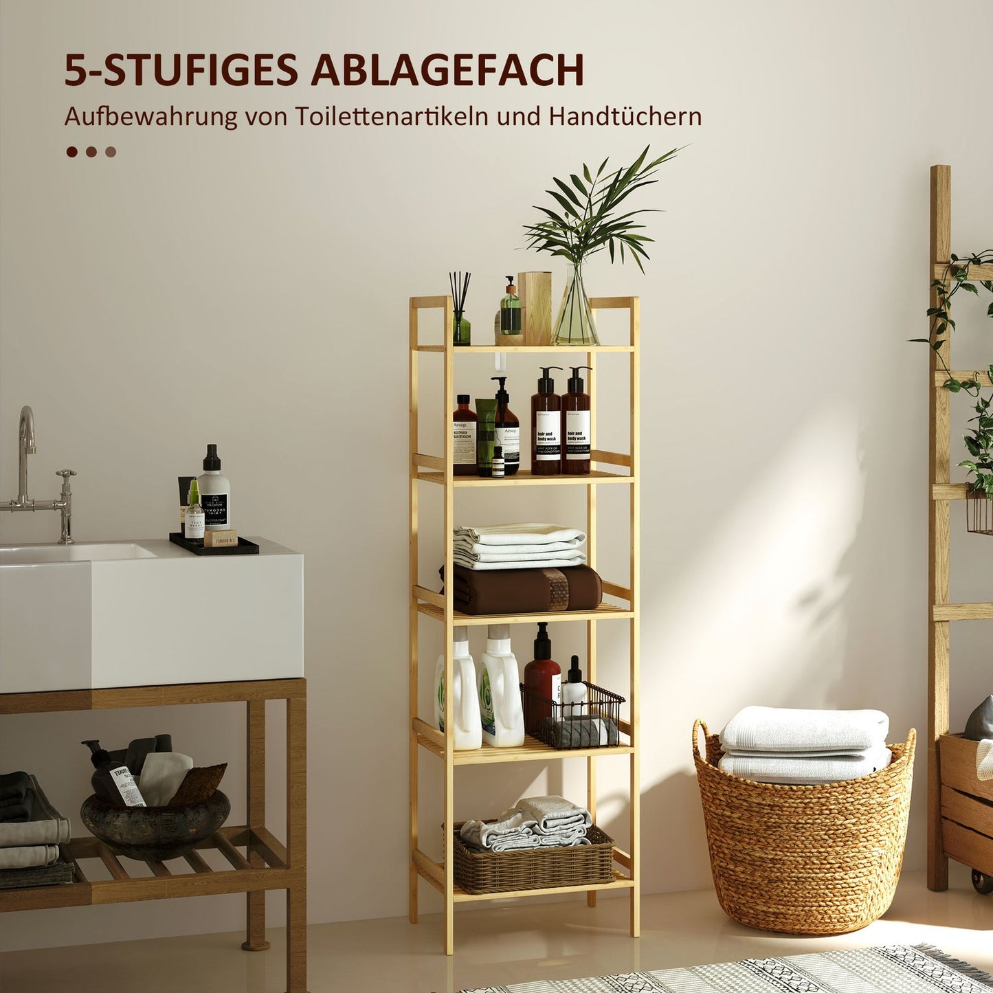 Bamboo 5-tier adjustable shelf, 43.5x31.5x142 cm - natural wood