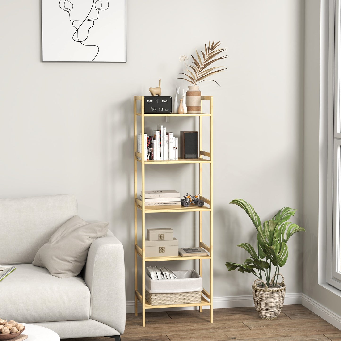 Bamboo 5-tier adjustable shelf, 43.5x31.5x142 cm - natural wood