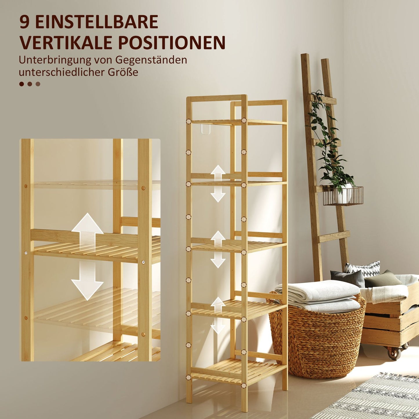 Bamboo 5-tier adjustable shelf, 43.5x31.5x142 cm - natural wood